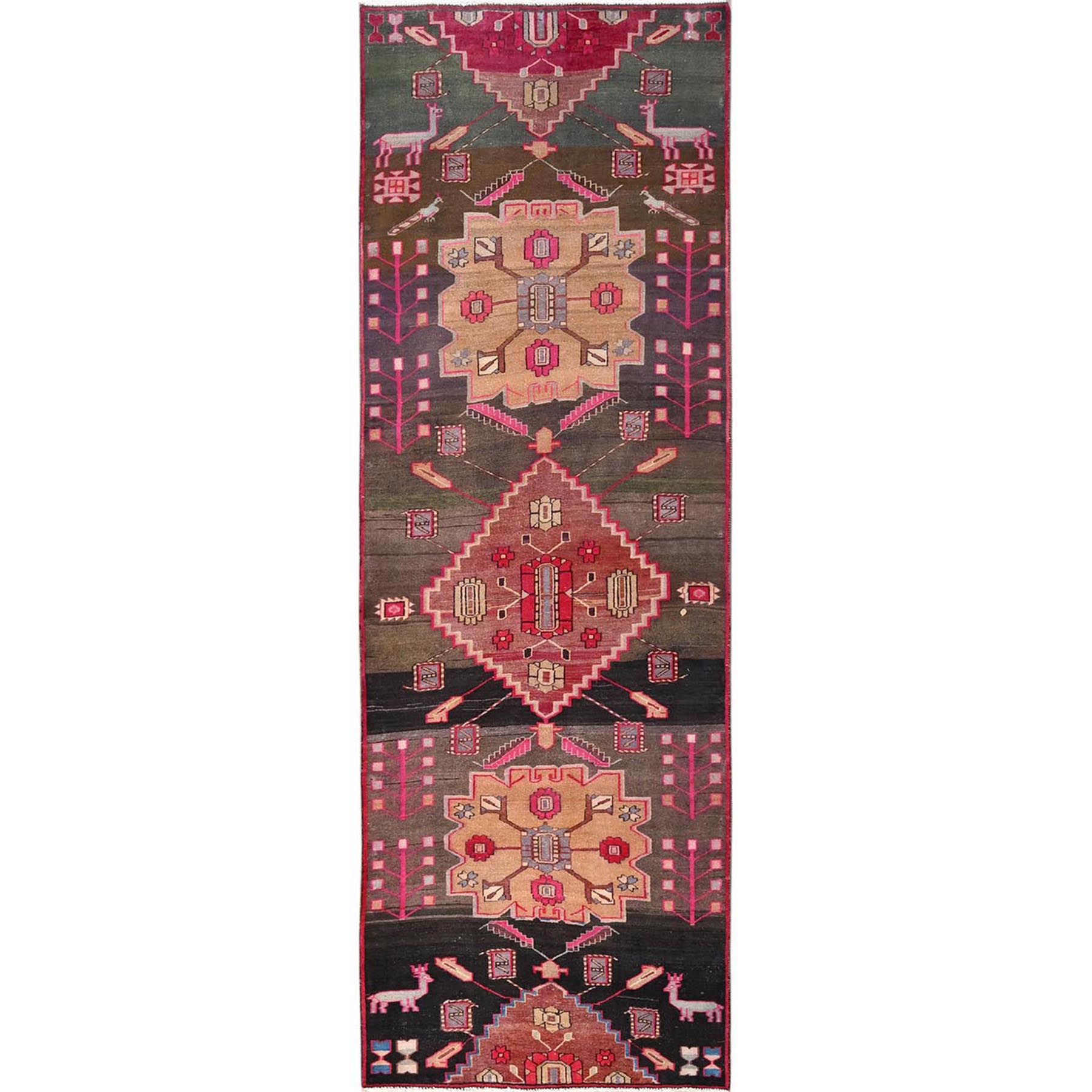 3'2"x9'4" Colorful, Vintage Northwest Persian with Animal Figurines, Hand Knotted, Worn Down and Distressed, 100% Wool, Zero Pile, Sides and Ends Professionally Secured, Wide Runner, Oriental Rug 